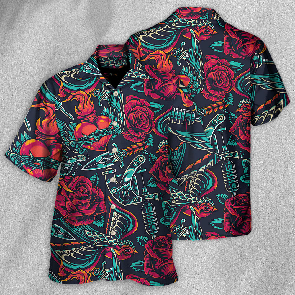 Tattoo Red Rose Heart Hawaiian Shirt Collar And Front View For Tropical Vacations