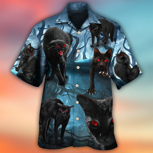 Halloween Spooky Cat Hawaiian Shirt Print Closeup For Summer Travel