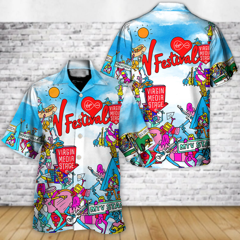 Music Festival Hawaiian Shirt Front Pattern View For Outdoor Gatherings