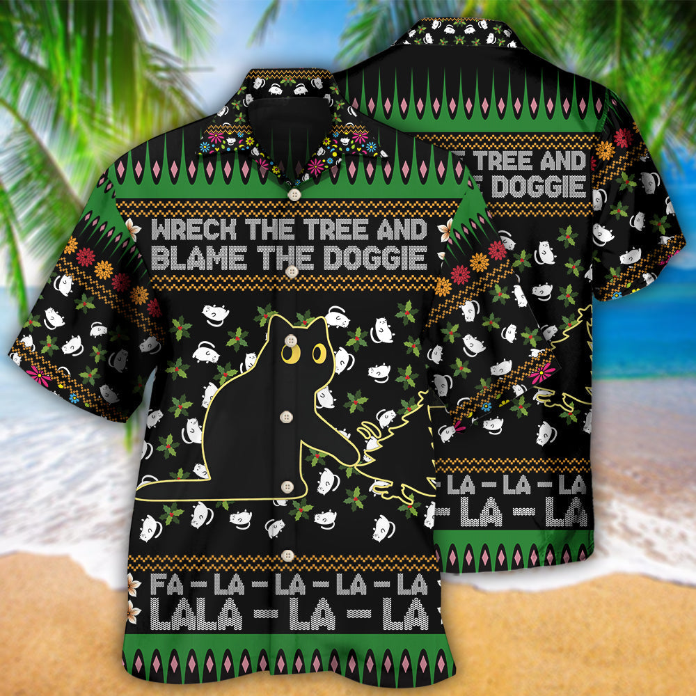 Black Cat Wreck Tree Blame Doggie Christmas Hawaiian Shirt Design View For Resort Travel And Thoughtful Gifting