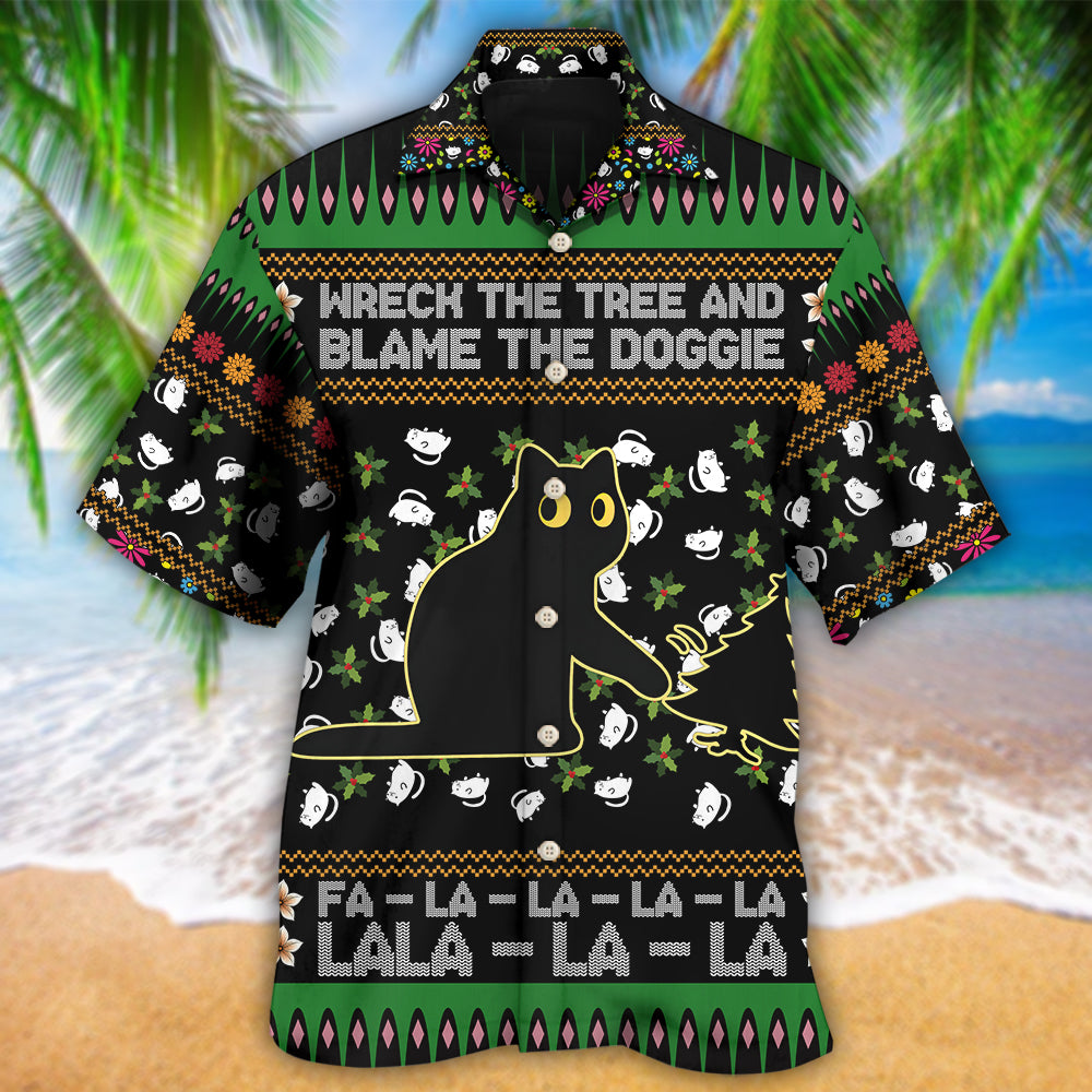Black Cat Wreck Tree Blame Doggie Christmas Hawaiian Shirt For Coastal Adventures And Warm Weather Wear