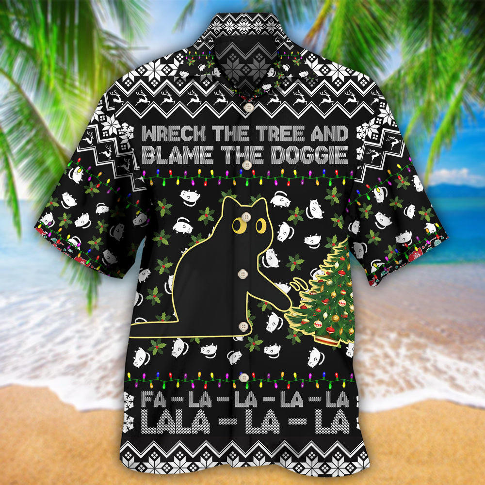 Black Cat Wreck Tree Blame Doggie Christmas Hawaiian Shirt Design Detail For Sunny Adventures And Casual Wear