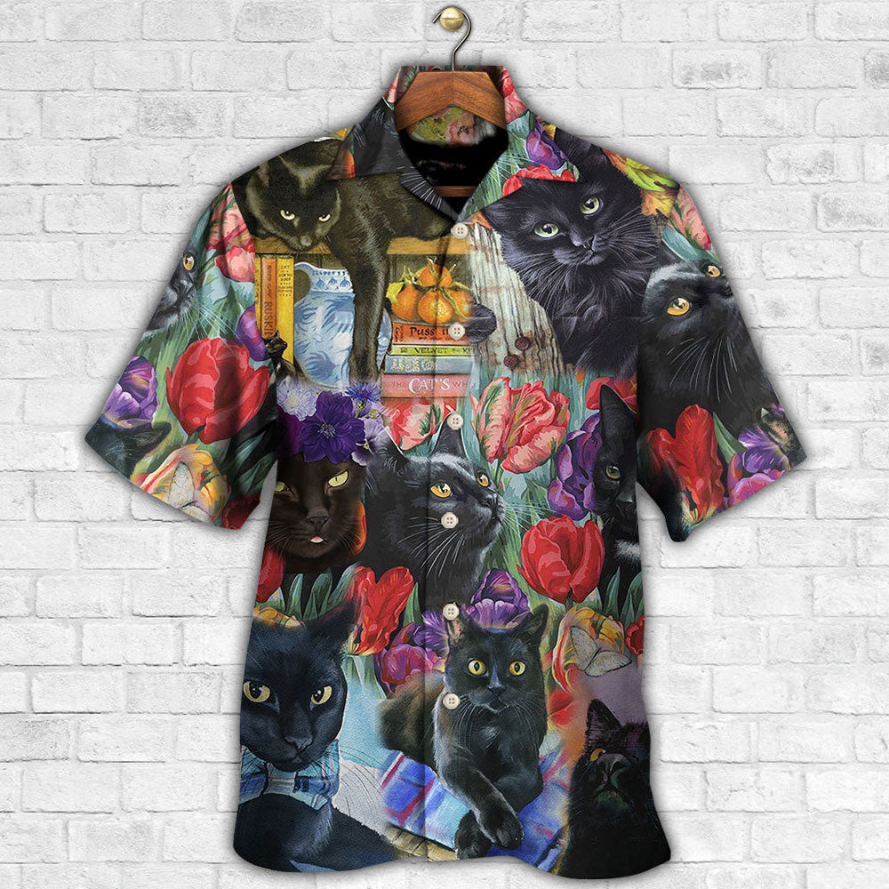 Black Floral Cat Hawaiian Shirt Artwork View For Coastal Escapes And Resort Style