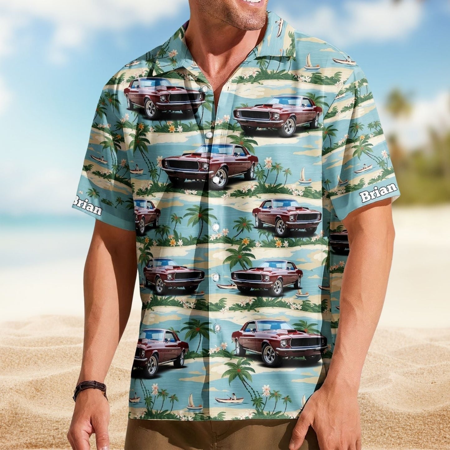 Vintage Car Beach Palm Tree Aloha Custom Hawaiian Shirt For Road Trips, Resort Travel, And Comfortable Summer Outings