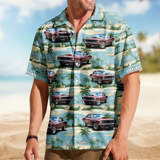Vintage Car Beach Palm Tree Aloha Custom Hawaiian Shirt For Road Trips, Resort Travel, And Comfortable Summer Outings