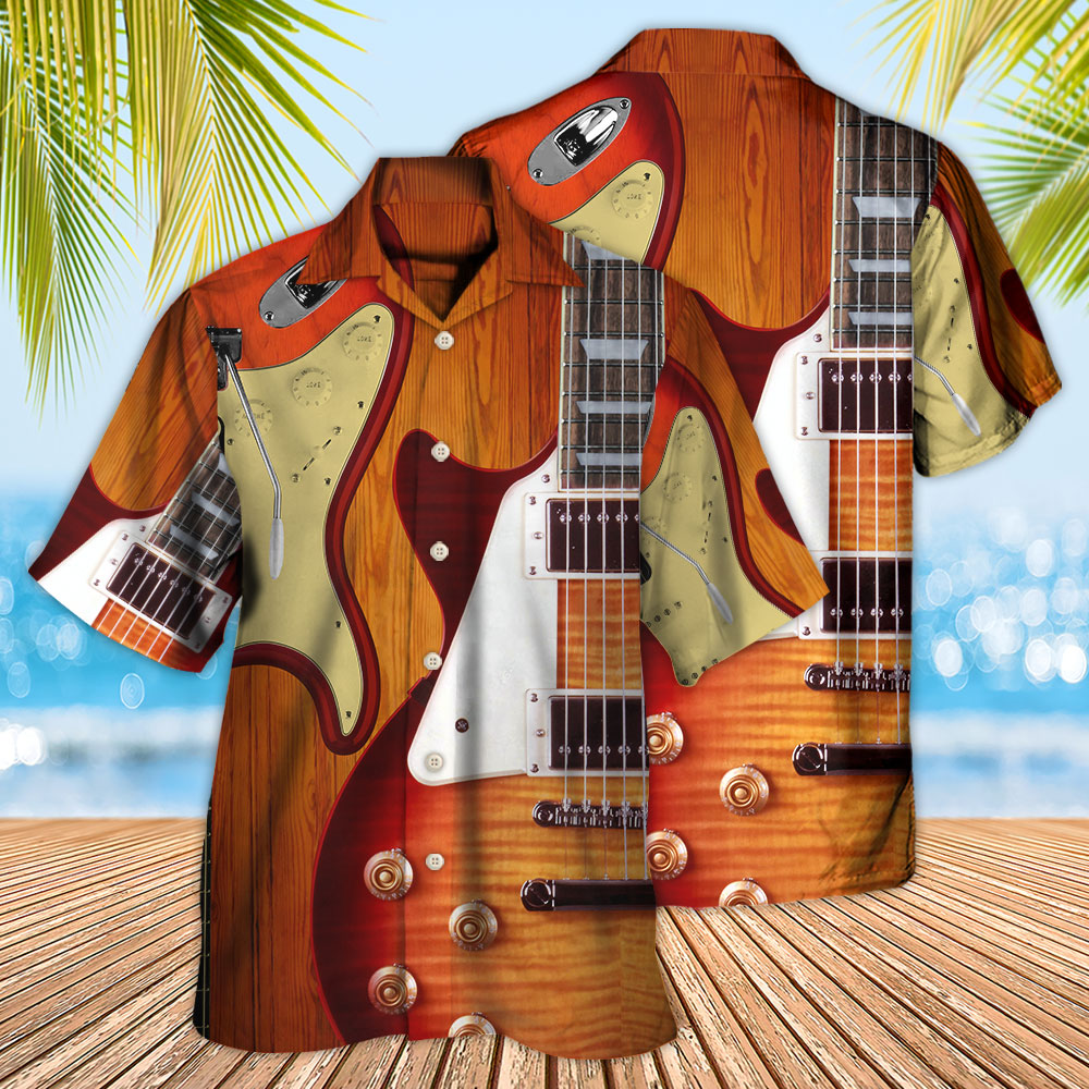 Vintage Guitar Hawaiian Shirt With All Over Print For Summer Vacation Beach Travel And Casual Wear