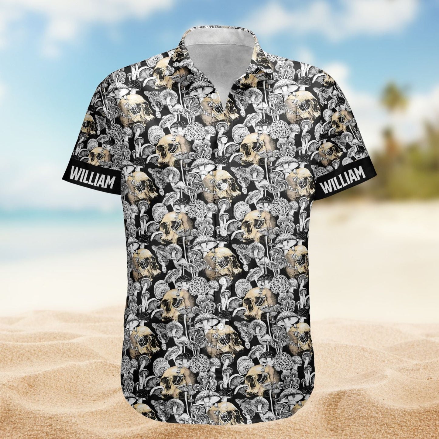 Magical Mushroom Custom Name Skull Hawaiian Shirt For Tropical Holidays, Resort Trips, And Comfortable Summer Outings