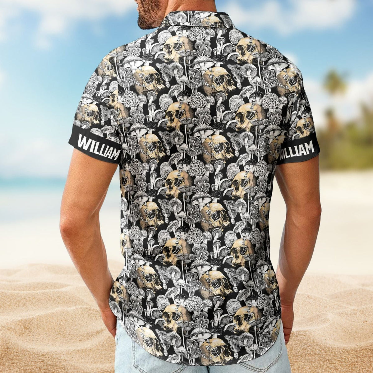 Magical Mushroom Custom Name Skull Hawaiian Shirt For Tropical Holidays, Resort Trips, And Comfortable Summer Outings