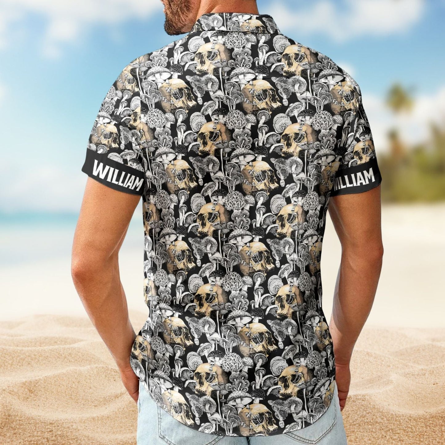 Magical Mushroom Custom Name Skull Hawaiian Shirt For Tropical Holidays, Resort Trips, And Comfortable Summer Outings