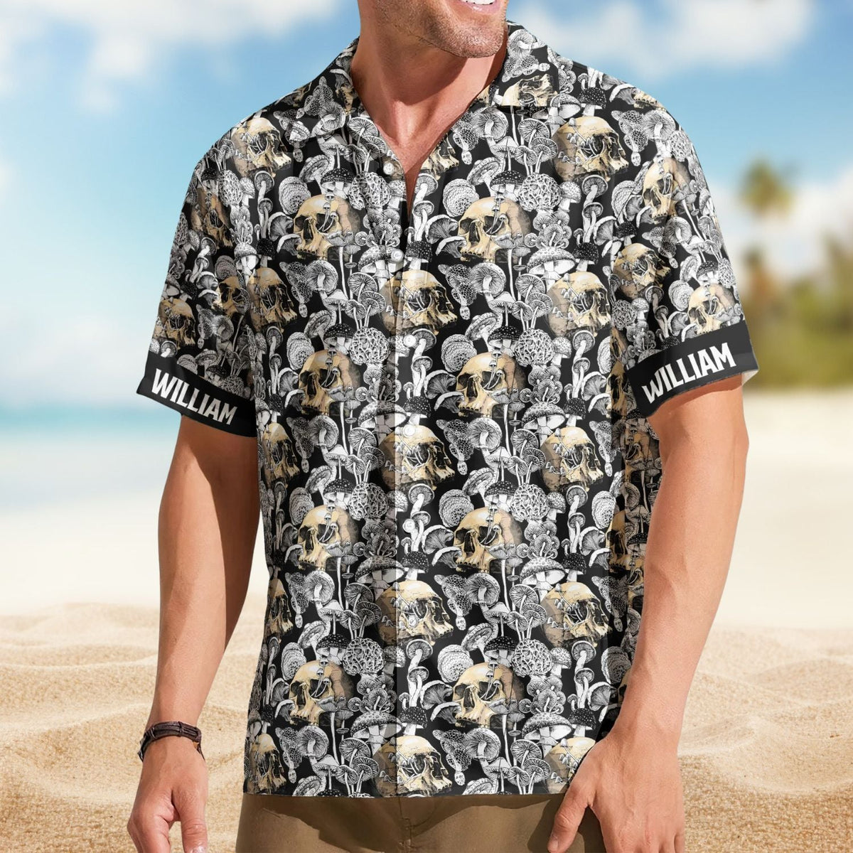 Magical Mushroom Custom Name Skull Hawaiian Shirt For Tropical Holidays, Resort Trips, And Comfortable Summer Outings