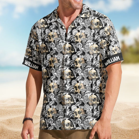 Magical Mushroom Custom Name Skull Hawaiian Shirt For Tropical Holidays, Resort Trips, And Comfortable Summer Outings