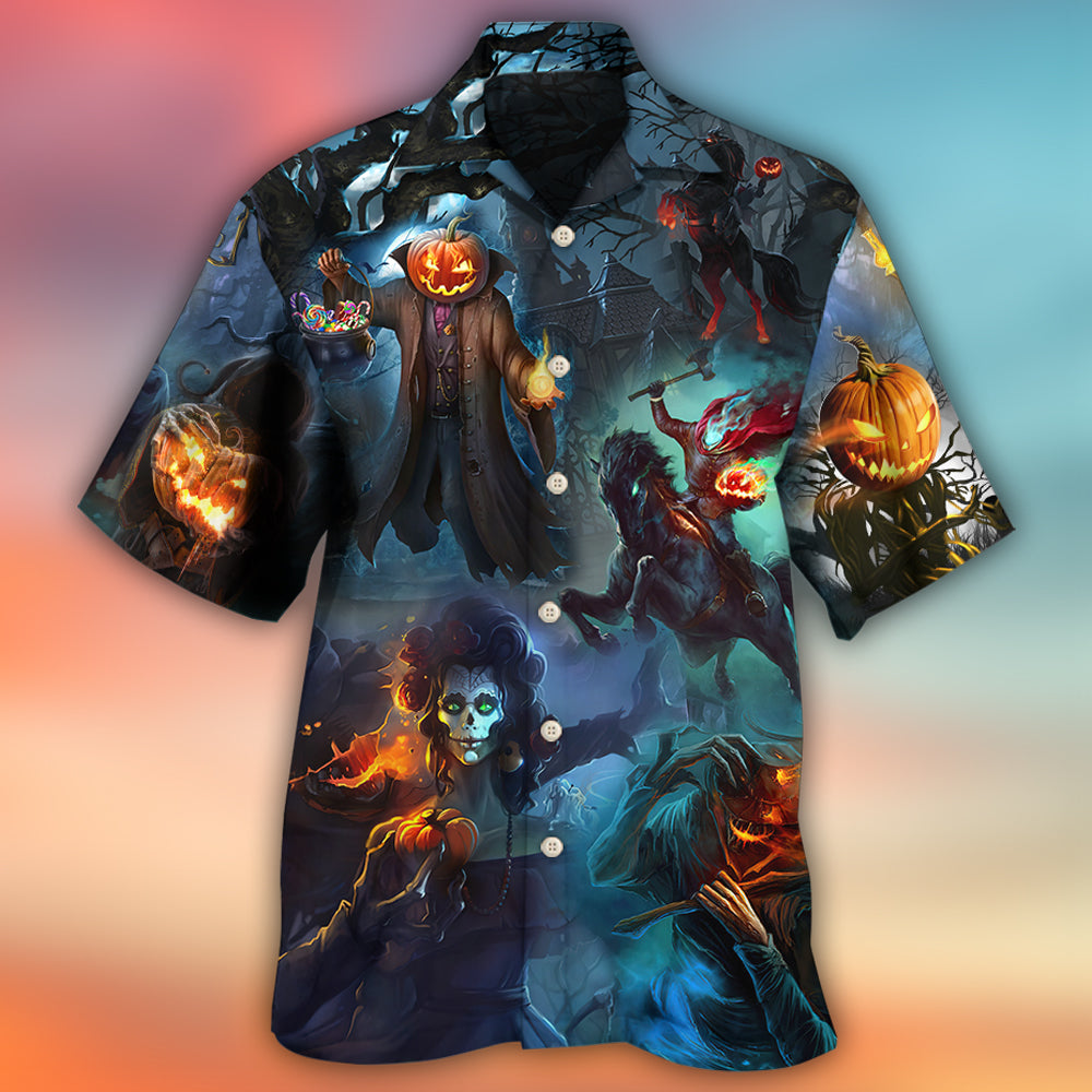 Halloween Skull Pumpkin Hawaiian Shirt Creative Print View For Warm Weather Events