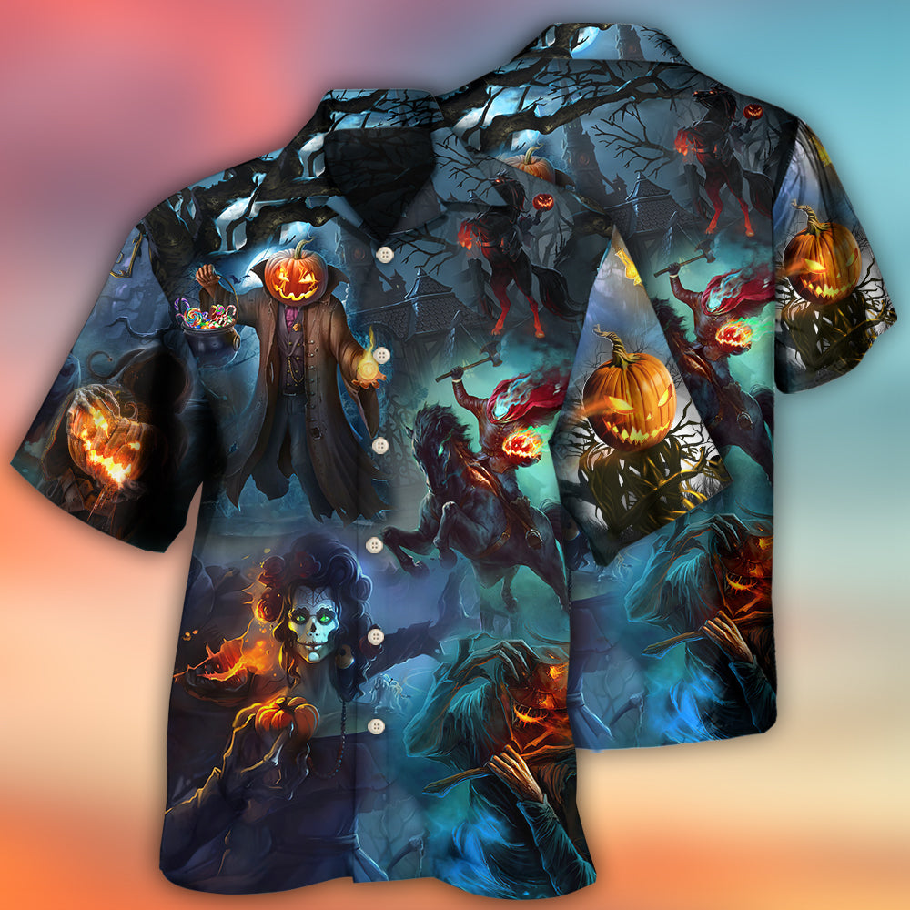 Halloween Skull Pumpkin Hawaiian Shirt Detailed Pattern View For Coastal Travel