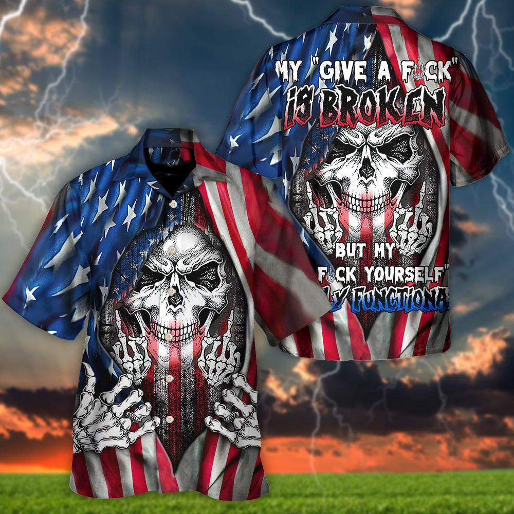 Skull Give Broken American Flag Hawaiian Shirt Pattern Detail For Vacation Travel And Daily Wear