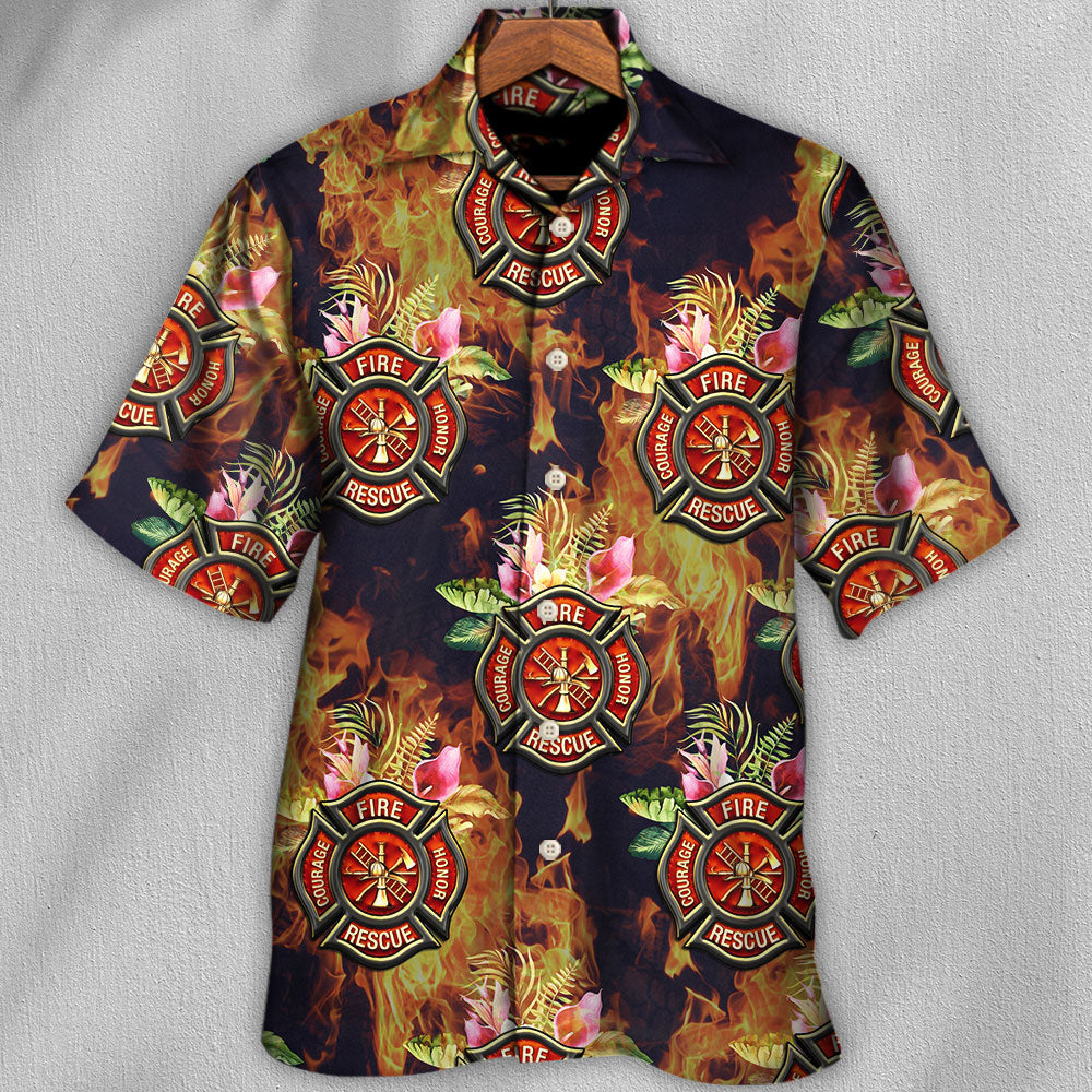 Tropical Floral Firefighter Hawaiian Shirt With All Over Print For Warm Weather Adventures Parties And Daily Comfort