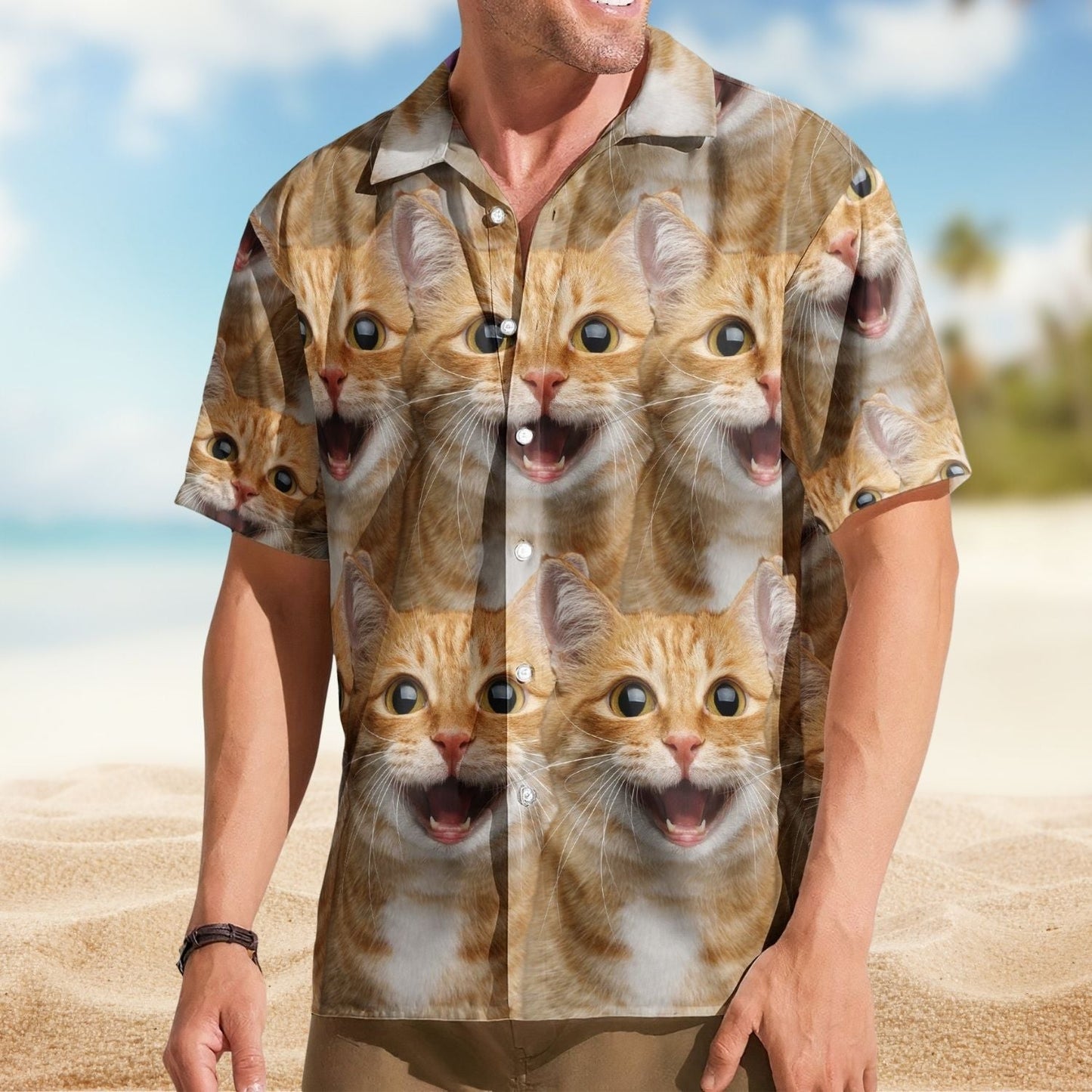 Funny Cat Custom Face Summer Personalized Photo Hawaiian Shirt For Coastal Travel And Summer Outings