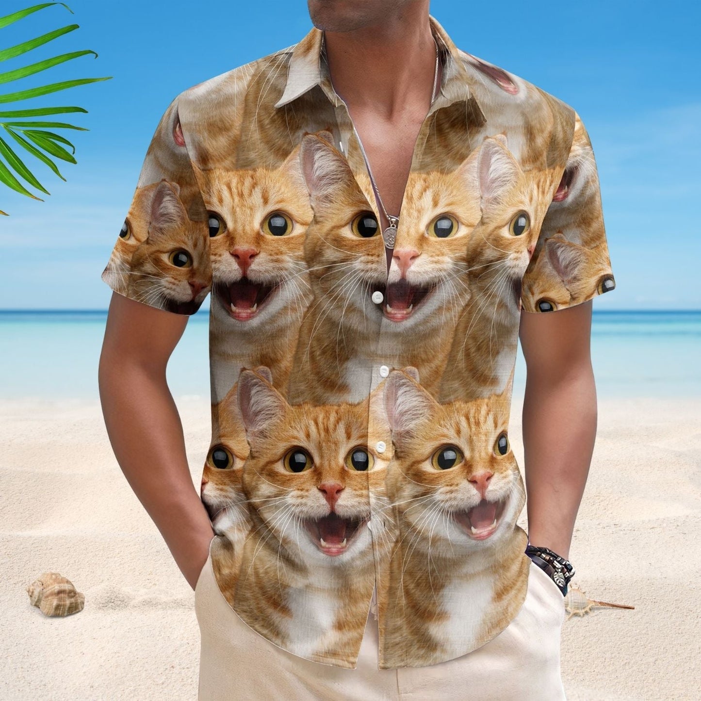 Funny Cat Custom Face Summer Personalized Photo Hawaiian Shirt For Coastal Travel And Summer Outings