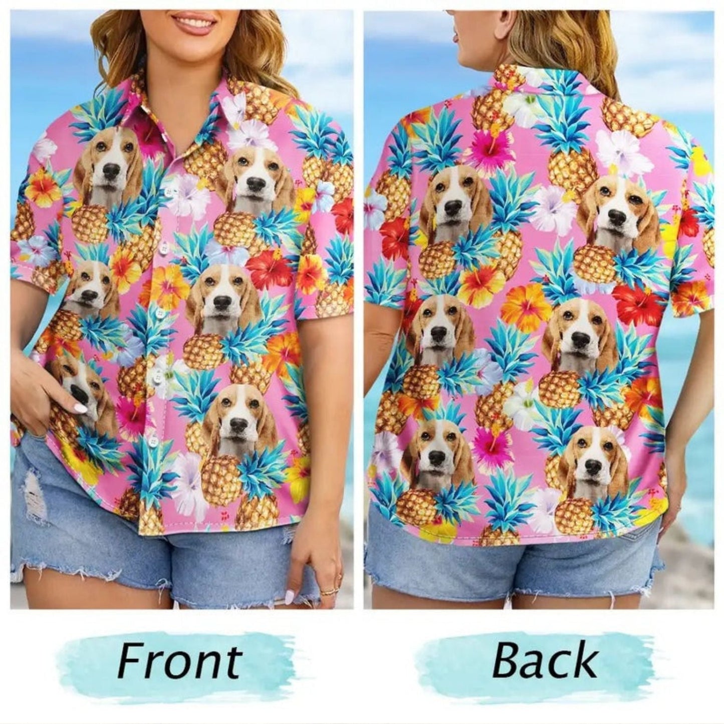Tropical Custom Photo Pet Face Family Background Hawaiian Shirt For Coastal Travel And Summer Outings