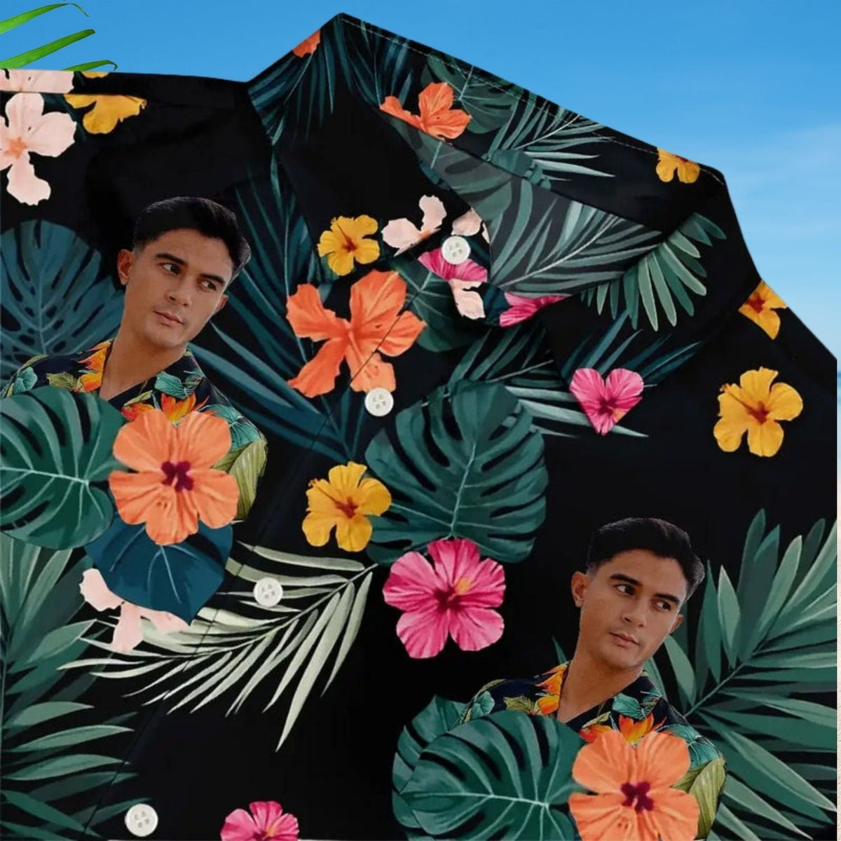 Tropical Custom Photo Pet Face Family Background Hawaiian Shirt For Coastal Travel And Summer Outings