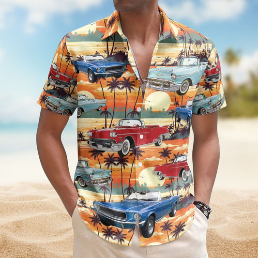 Vintage Car Custom Photo Muscle Men Husband Hawaiian Shirt For Coastal Travel And Summer Outings