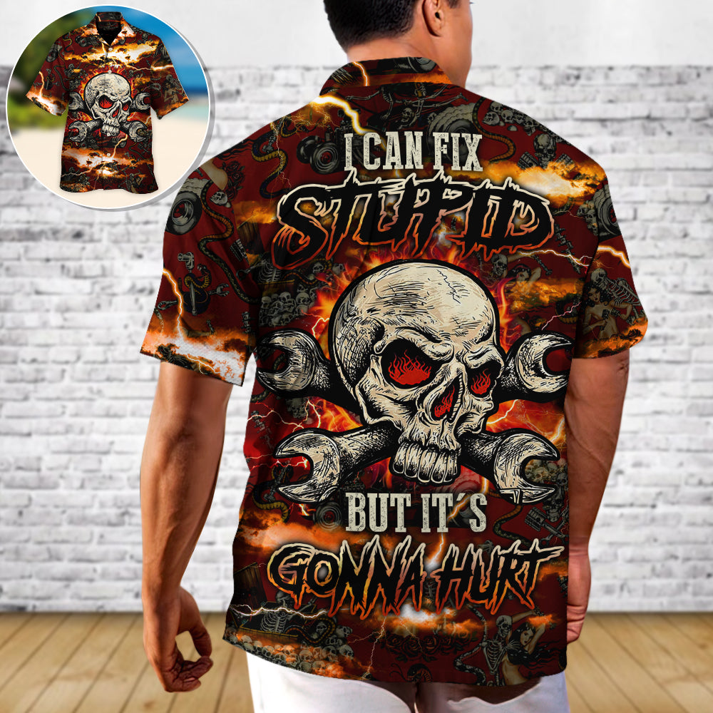 Vintage Skull Artwork Hawaiian Shirt Collar And Front View For Vacation Style