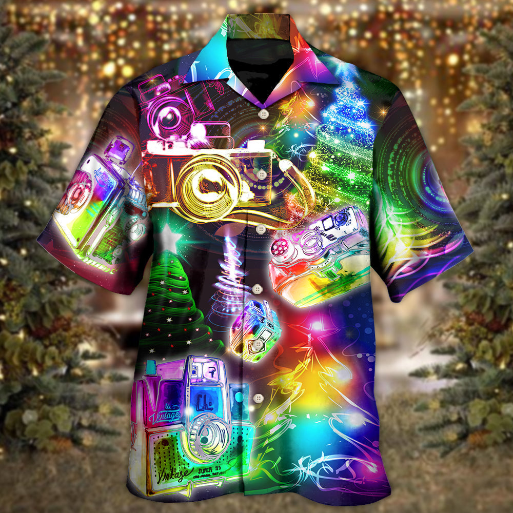 Festive Christmas Camera Everything Hawaiian Shirt Artwork Detail For Resort Trips And Outdoor Activities