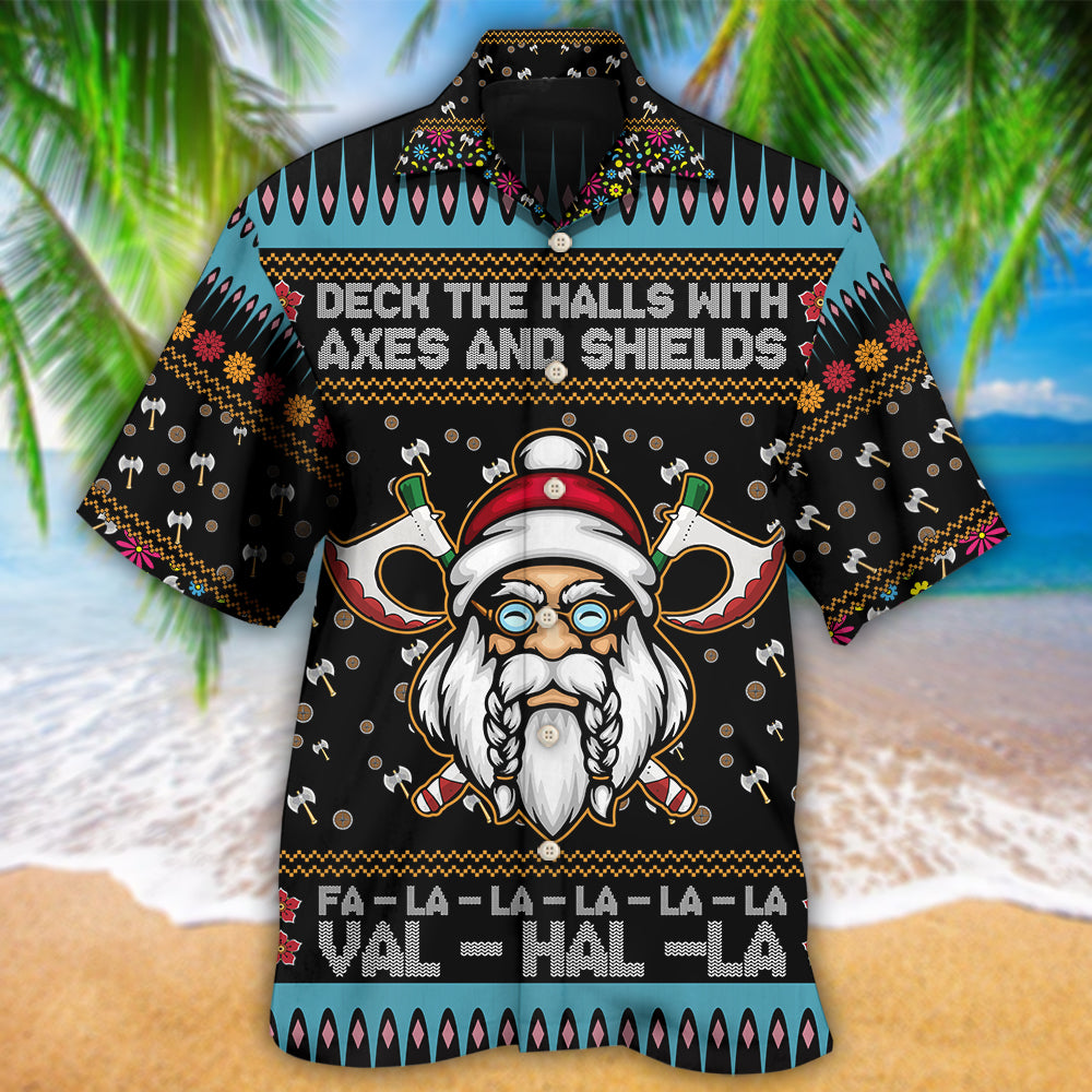 Norse Warrior Christmas Deck Halls Axes Shields Hawaiian Shirt Artwork View For Weekend Travel And Beach Style