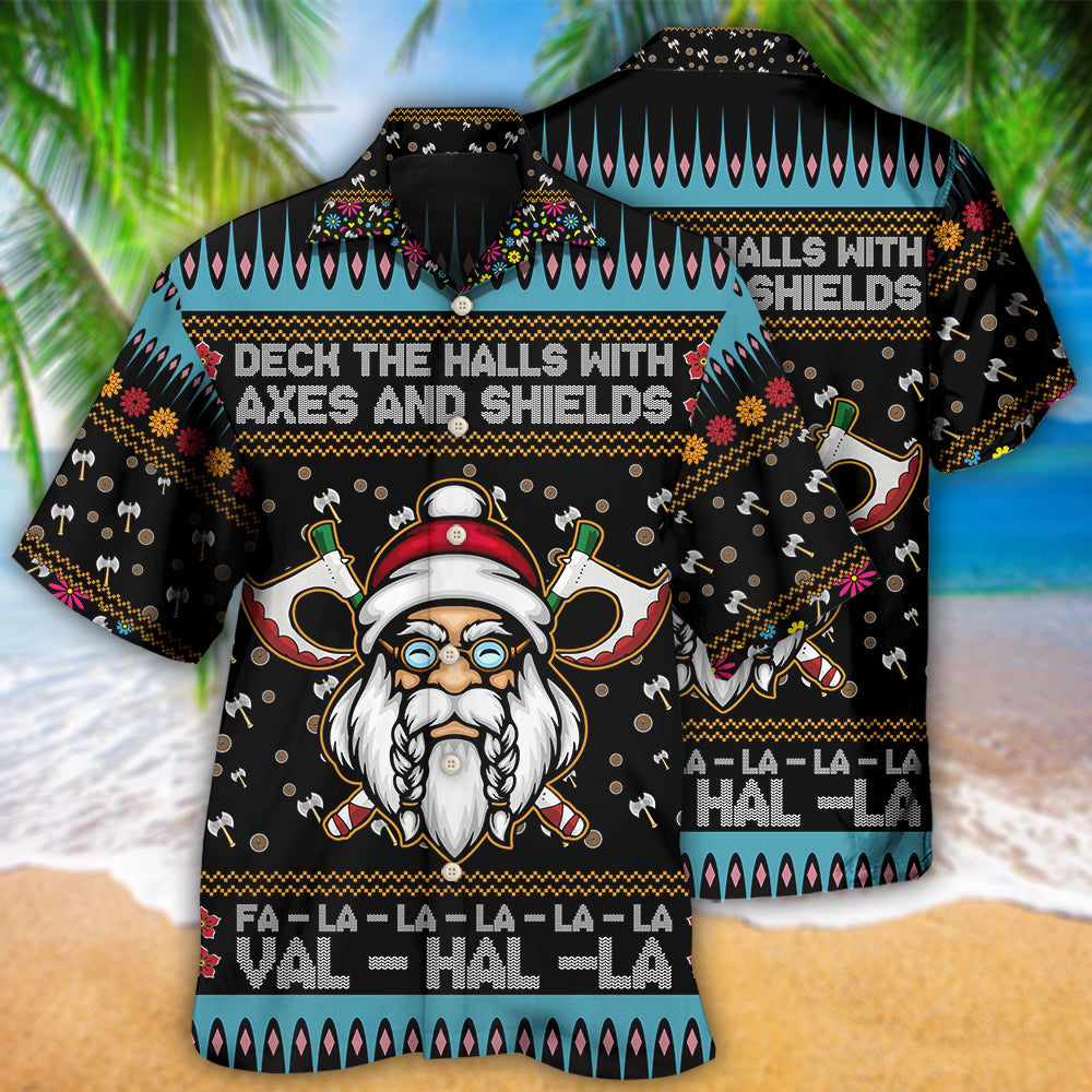 Norse Warrior Christmas Deck Halls Axes Shields Hawaiian Shirt Design Detail For Sunny Adventures And Casual Wear