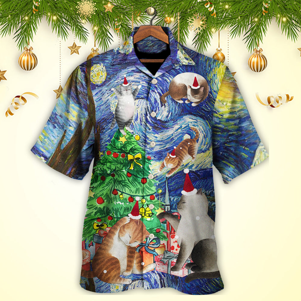 Cat Christmas Playing Starry Night Hawaiian Shirt Artwork Detail For Tropical Trips And Casual Outings