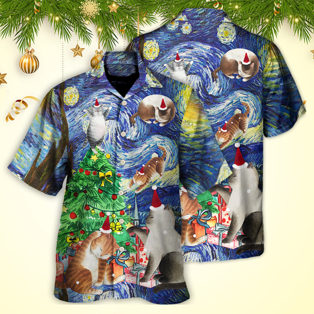 Cat Christmas Playing Starry Night Hawaiian Shirt For Coastal Adventures And Warm Weather Wear