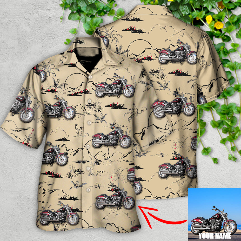 Floral Motorcycle Desert Catus Mountain Custom Photo Hawaiian Shirt For Vacation Days And Relaxed Coastal Outings