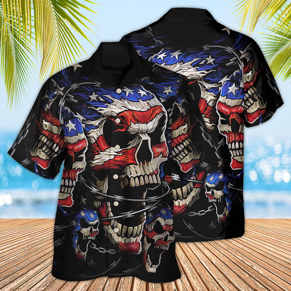 Patriotic Skull Hawaiian Shirt With All Over Print For Coastal Vacations Warm Weather Events And Daily Style