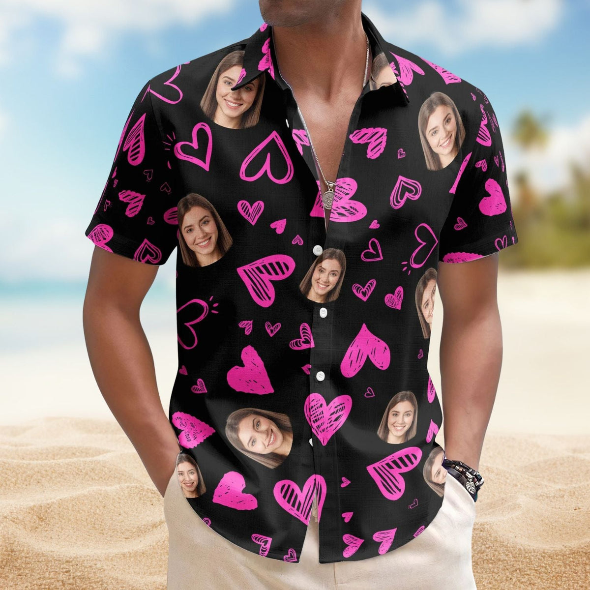 Funny Heart Custom Face Valentine's Day Gift Hawaiian Shirt For Festive Vacations And Beach Parties