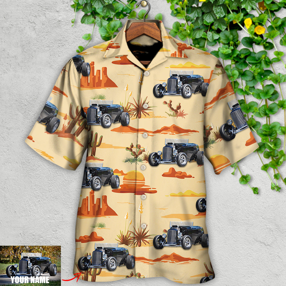 Vintage Hot Rod Landscape Cowboy Custom Photo Hawaiian Shirt For Beach Parties And Weekend Getaways