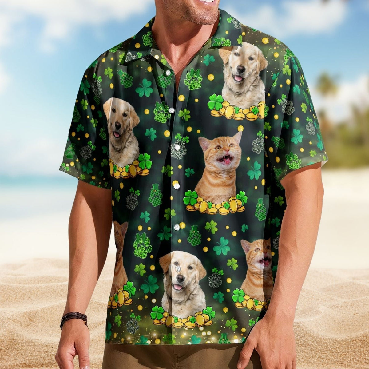 Funny Custom Pet Face St Patrick's Day Hawaiian Shirt For Holiday Getaways And Resort Trips