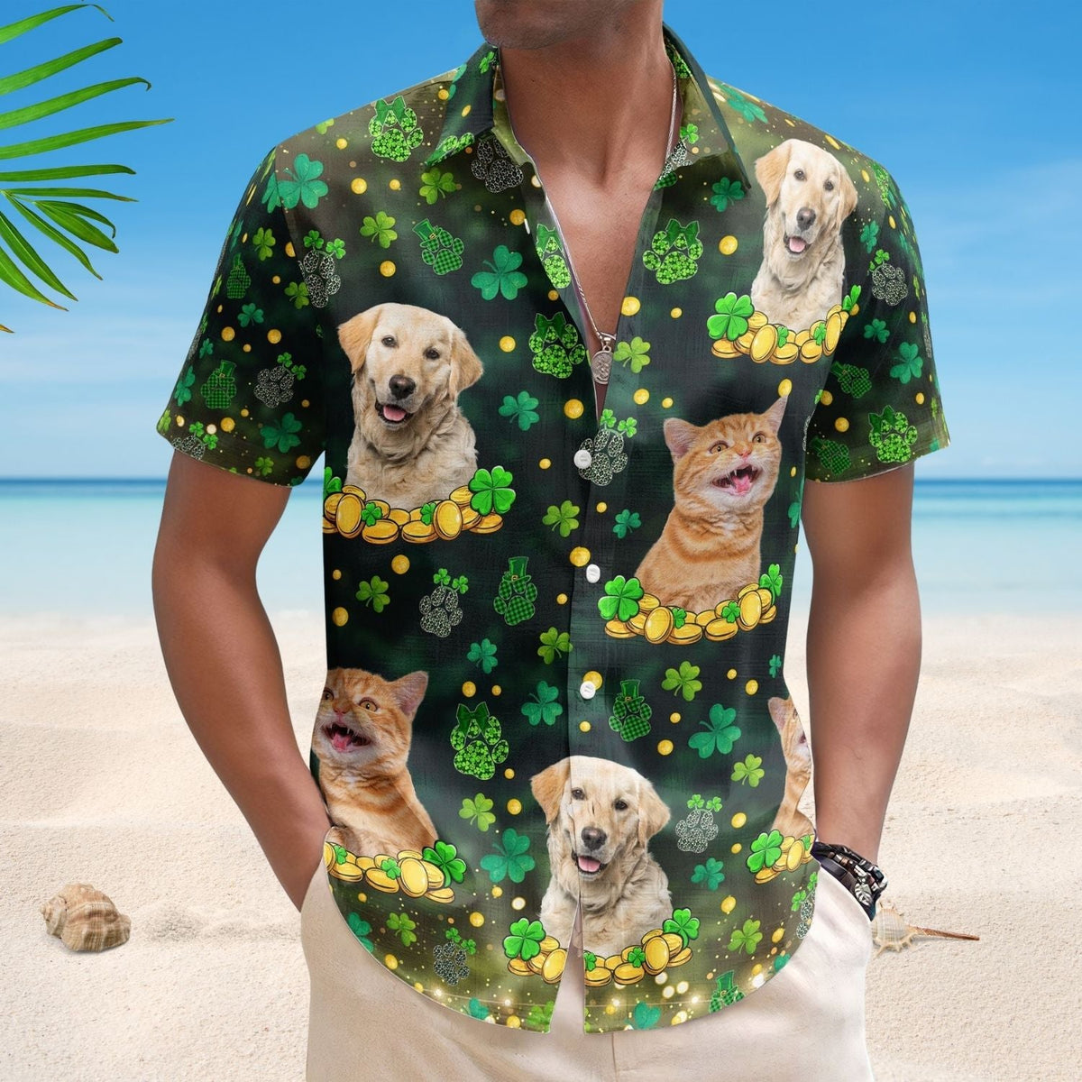 Funny Custom Pet Face St Patrick's Day Hawaiian Shirt For Holiday Getaways And Resort Trips