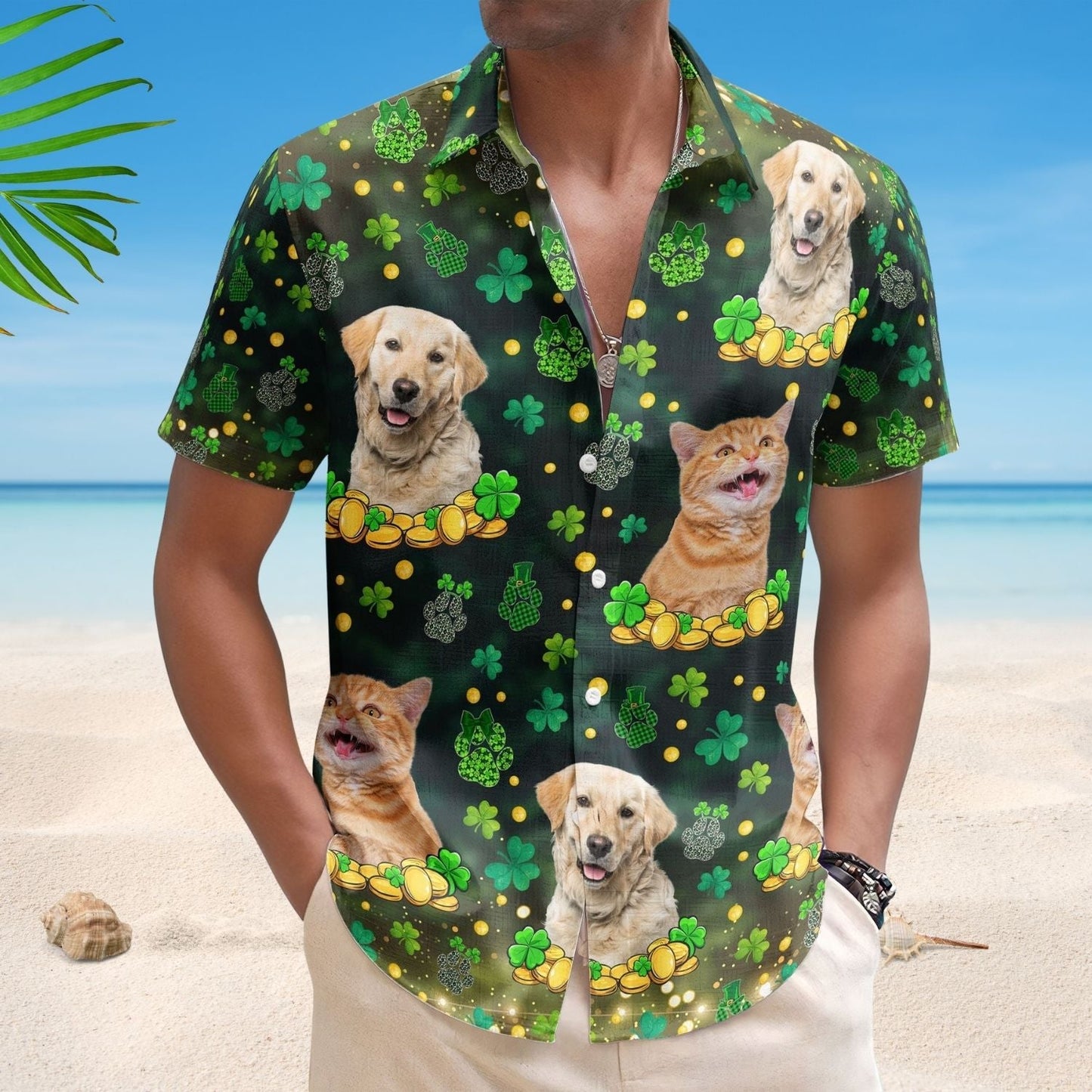 Funny Custom Pet Face St Patrick's Day Hawaiian Shirt For Holiday Getaways And Resort Trips