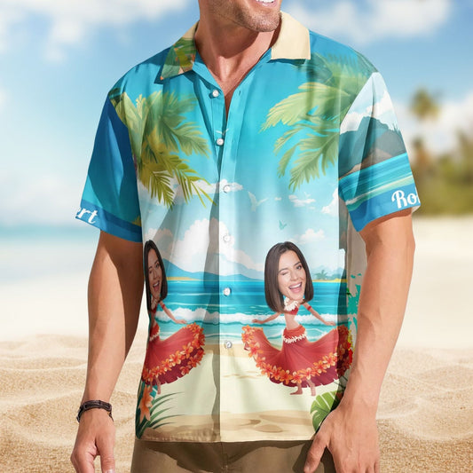 Funny Custom Face Hula Dance Gift Men Hawaiian Shirt For Tropical Holidays, Resort Trips, And Comfortable Summer Outings