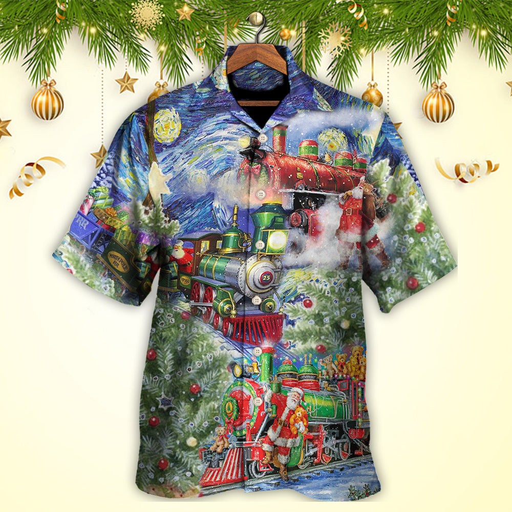 Christmas Gift Train Arrives Wharf Hawaiian Shirt Design Detail For Beach Days And Holiday Travel
