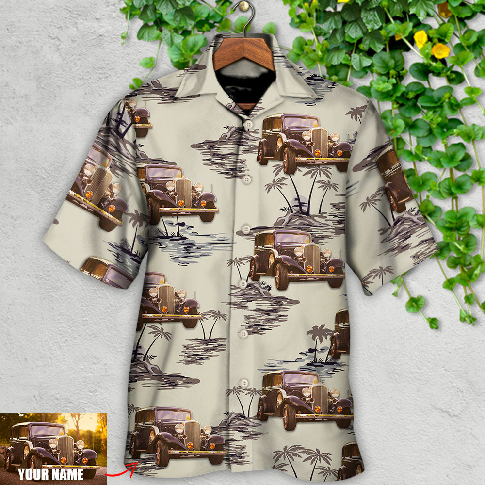 Vintage Car Deserted Island Palm Trees Custom Hawaiian Shirt Pattern Detail For Vacation Travel And Daily Wear