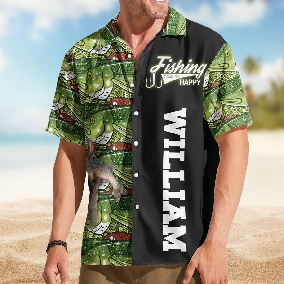 Happy Fish Personalized Fishing Aloha Custom Photo Hawaiian Shirt For Warm Weather Events And Casual Wear