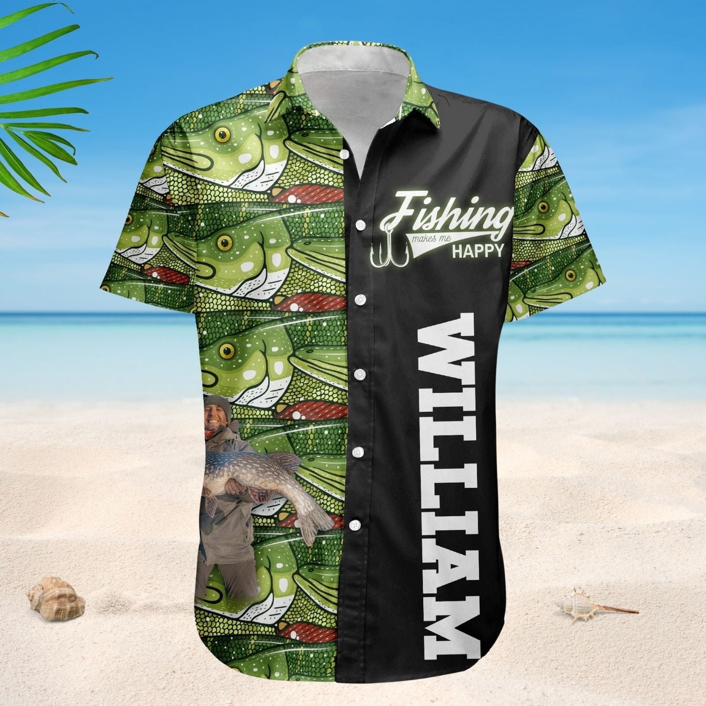 Happy Fish Personalized Fishing Aloha Custom Photo Hawaiian Shirt For Warm Weather Events And Casual Wear