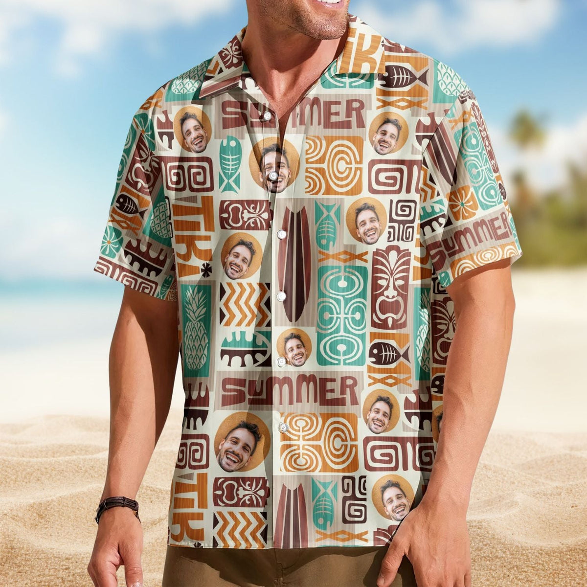Custom Face Exotic Tiki Photo Hawaiian Shirt For Resort Days, Summer Events, And Comfortable Outdoor Activities