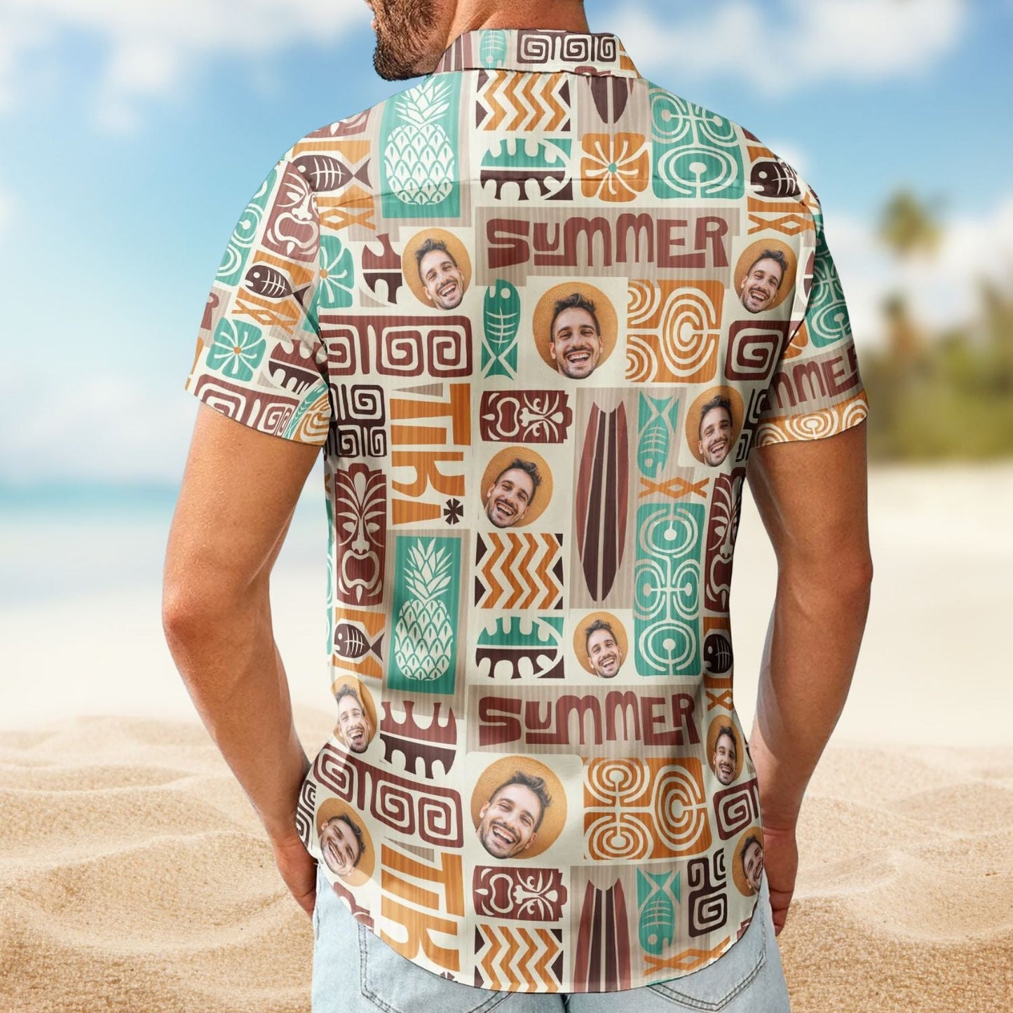 Custom Face Exotic Tiki Photo Hawaiian Shirt For Resort Days, Summer Events, And Comfortable Outdoor Activities
