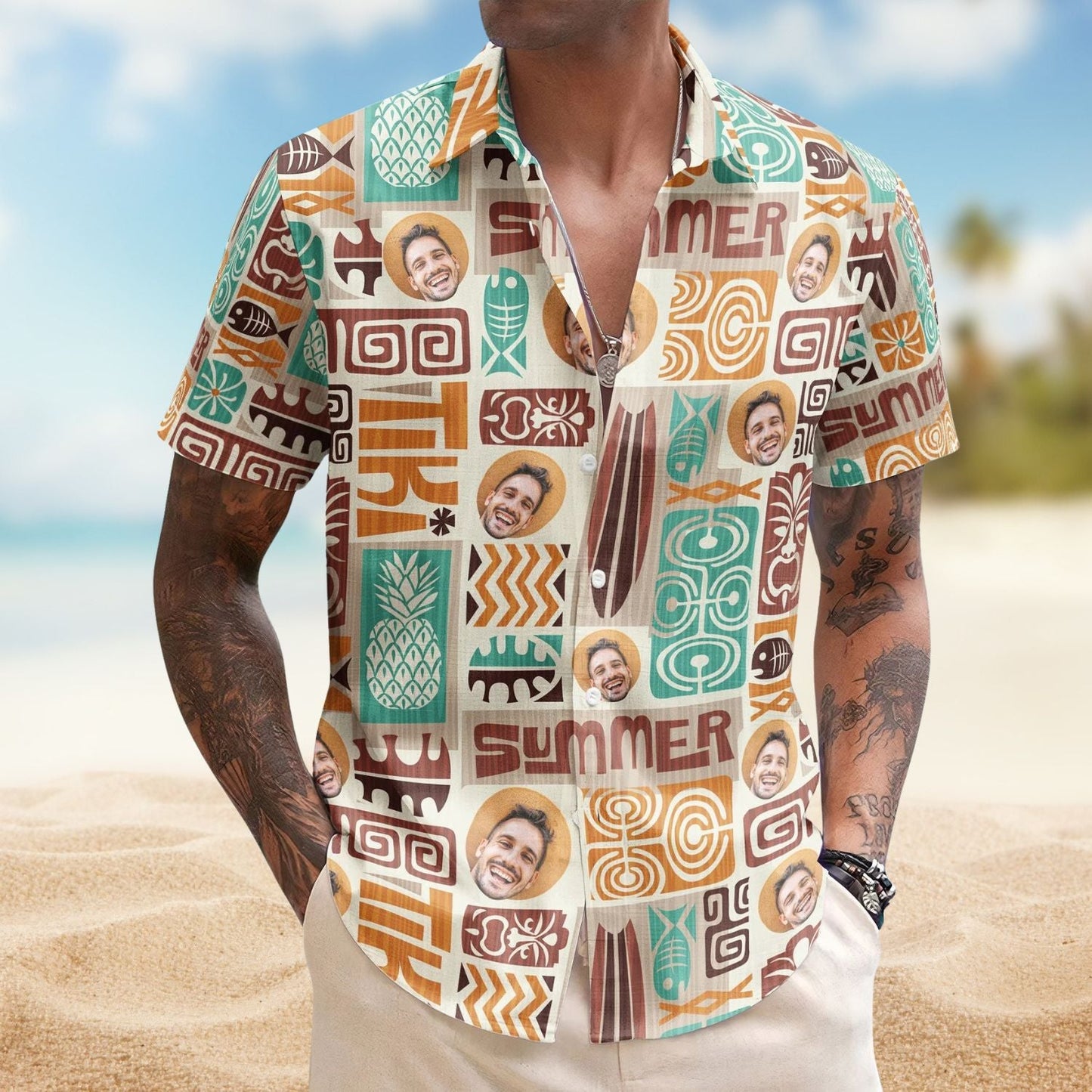 Custom Face Exotic Tiki Photo Hawaiian Shirt For Resort Days, Summer Events, And Comfortable Outdoor Activities