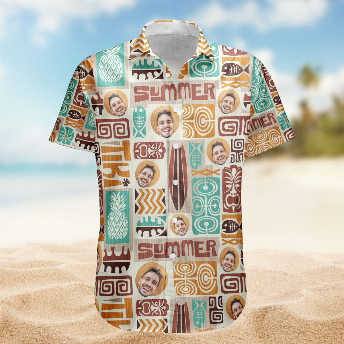 Custom Face Exotic Tiki Photo Hawaiian Shirt For Resort Days, Summer Events, And Comfortable Outdoor Activities
