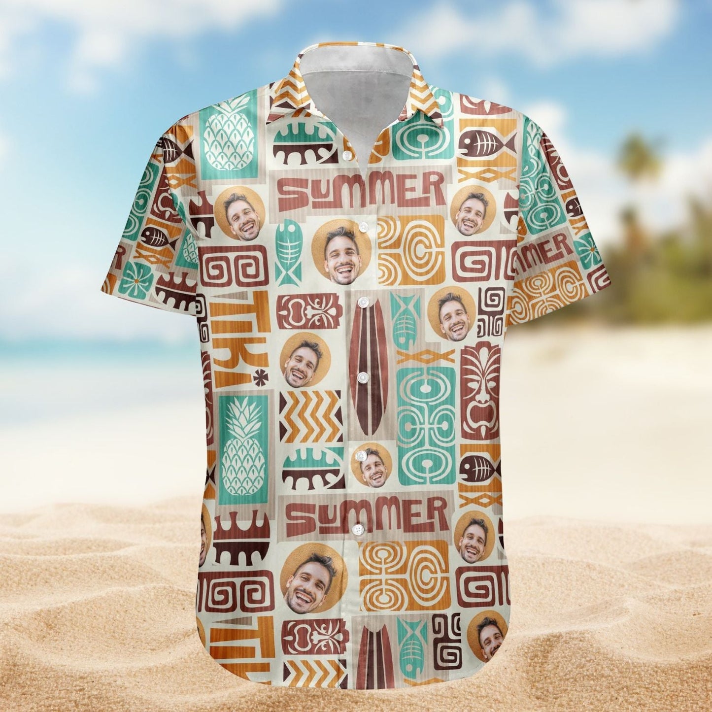 Custom Face Exotic Tiki Photo Hawaiian Shirt For Resort Days, Summer Events, And Comfortable Outdoor Activities