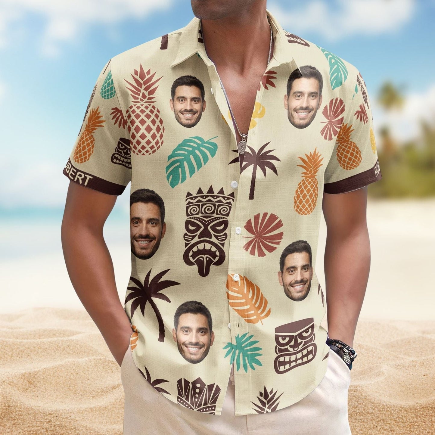Vintage Tiki Pineapple Summer Aloha Custom Face Hawaiian Shirt For Beach Days And Outdoor Gatherings