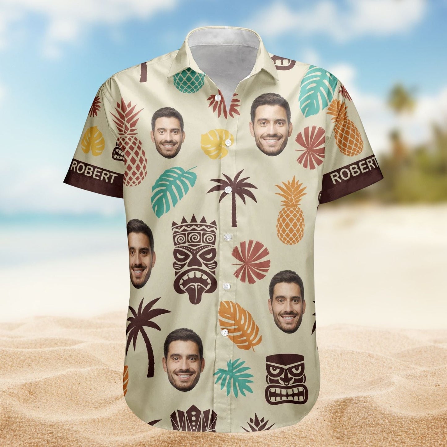 Vintage Tiki Pineapple Summer Aloha Custom Face Hawaiian Shirt For Beach Days And Outdoor Gatherings