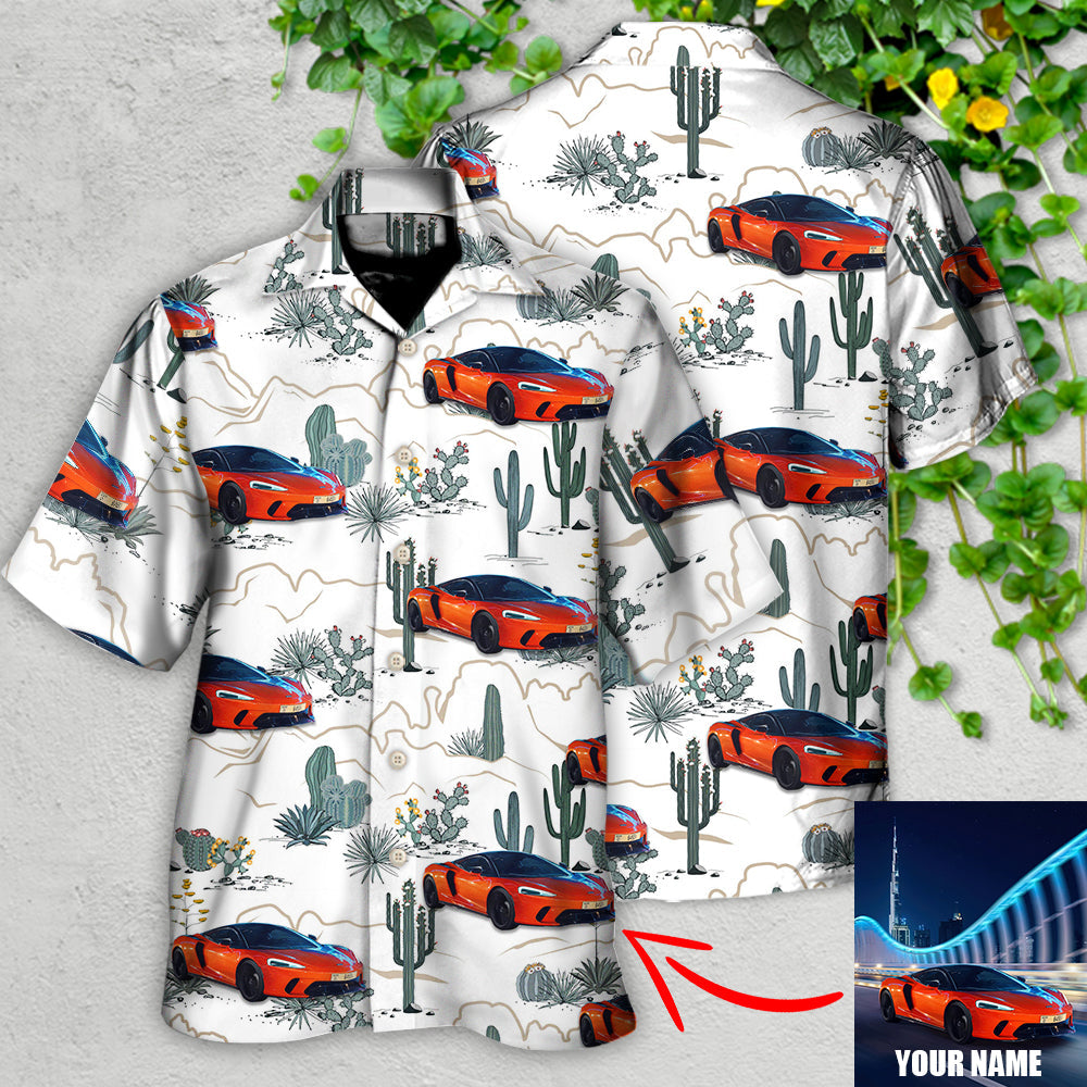 Car Desert Mountains Blooming Cacti Opuntia Saguaro Hawaiian Shirt Artwork View For Coastal Escapes And Resort Style